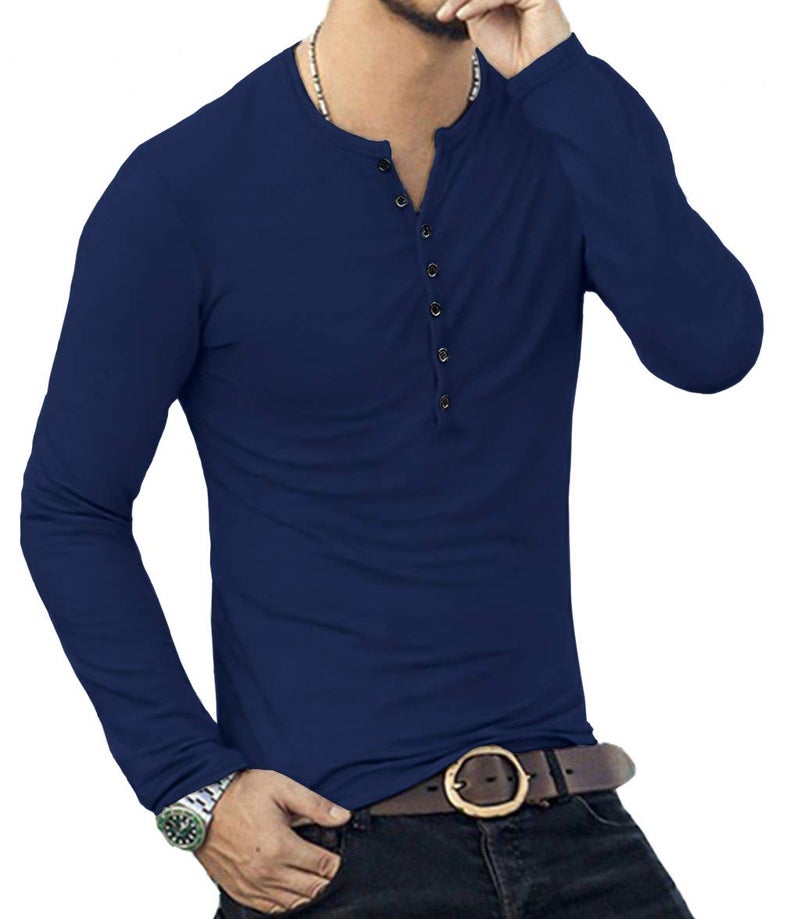 YTD Mens Casual Slim Fit Basic Henley Long Sleeve Fashion T-Shirt S Navy - Image 5